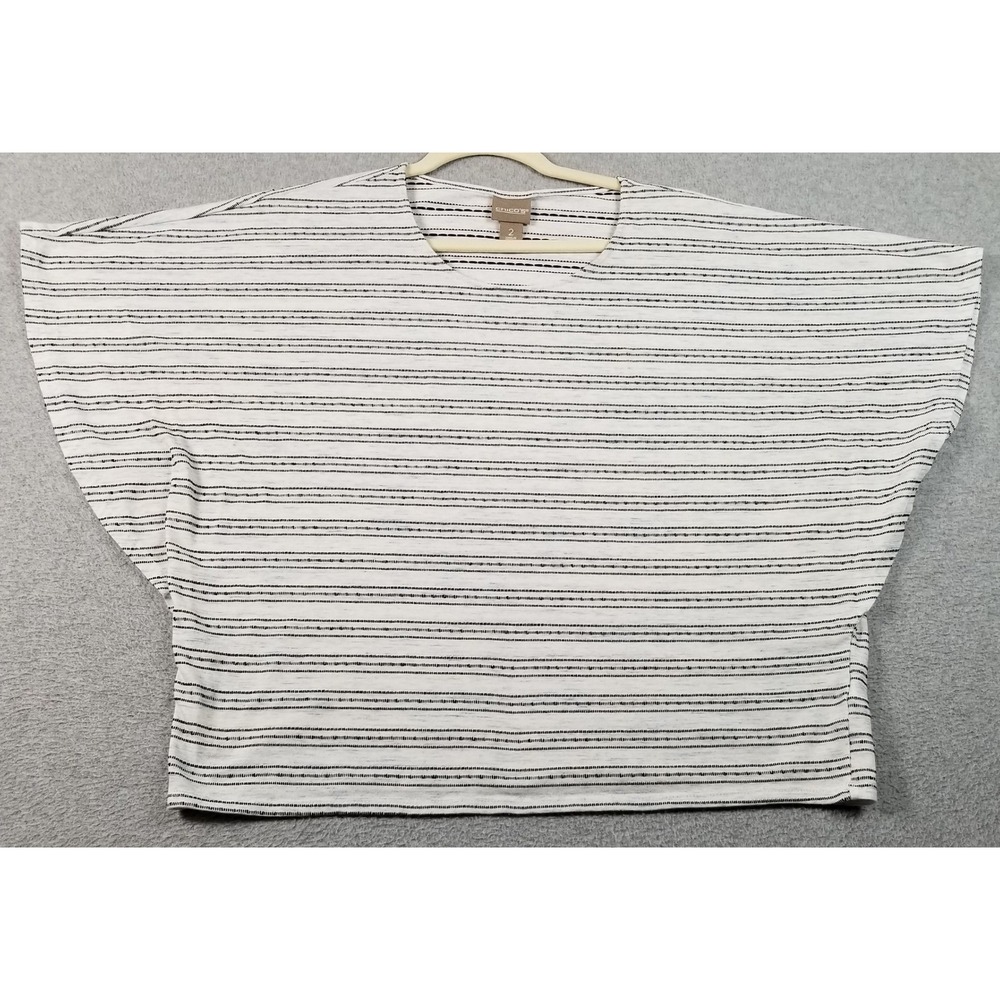 Chico's Top Women's 2 Large White Blue Black Striped Batwing Sleeve See Through‎
